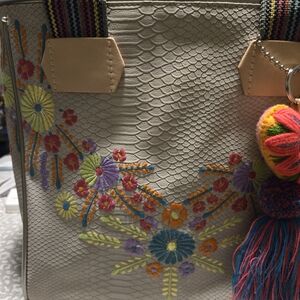 Consuela Leather Floral Embroidered Beige Tote Bag